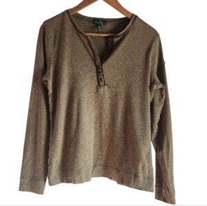 Lauren Ralph‎ Lauren Olive Green Long Sleeve Top Brown Trim Sz L